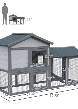58" Large Rabbit Hutch Outdoor Indoor, Wooden Bunny Hutch, Guinea Pig Cage with Run, Removable Tray, Asphalt Roof, Lockable Doors and Ramp, for 1-2 Small Rabbits, Chickens, Ducks, Dark Gray