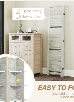 4 Panel 67" Tall Wood Privacy Screen Room Divider with 3 Shelves and Folding Storage for Bedroom, Distressed White
