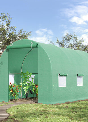 15' x 7' x 7' Walk-in Tunnel Hoop Greenhouse, Green House for Outside with PE Cover, Steel Frame, Roll-Up Zipper Door & Windows for Flowers, Vegetables, Tropical Plants, Green