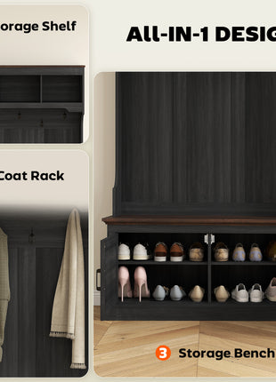 3-in-1 Hall Tree with Shoe Storage, Coat Rack with Bench, Entryway Furniture with Five Hooks, Black Wood Grain