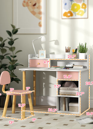 Kids Study Desk with Storage, Kids Desk and Chair Set for Bedroom & Study Room, Girls Boys Aged 3-8 Years, Pink