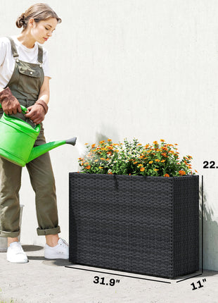 Tall Rectangular Planter with Removable Liner, Holes, PE Wicker Large Planter Box for Indoor Outdoor Plants, Black