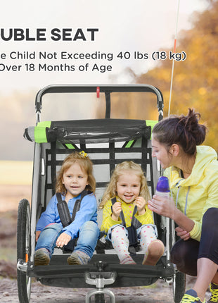 2-in-1 Walk/Ride Child Baby Bike Trailer for Kids 2 Seater, High-Visibility Bike Stroller for Toddler Wagon, Weather-Strong Double Bicycle Trailer Accessory, Green
