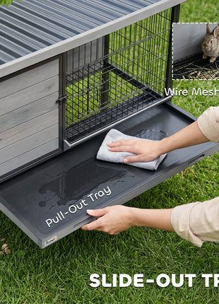 Elevated Rabbit Hutch Outdoor, Wooden Rabbit Cage Bunny House with Pull-out Tray and Openable Plastic Roof