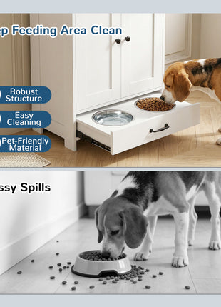 Pet Feeding Station, Dog Food Storage Cabinet w/ Raised Dog Bowls, Adjustable Panel, Hooks for Medium Dogs, White