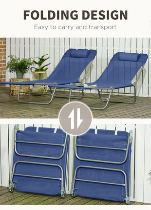2 Piece Sun Loungers, Folding Chaise Lounge Chairs with Reclining Back, Breathable Mesh Seat, Headrest, Dark Blue