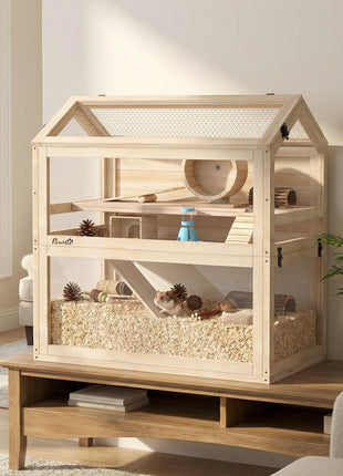 Wooden Hamster Cage, 3-Tier Small Animal Cage with Hut, Seesaw, Ramps, Exercise Wheel, Acrylic Panel and Bottom Tray