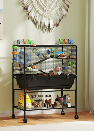 3 Tier Hamster Cage, Rolling Rat Cage with Deep Tray, Storage Shelf, Big Exercise Wheel, Hut, Tube System