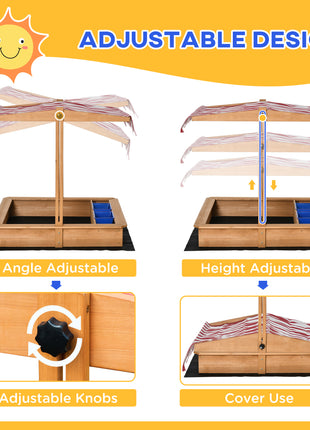 Kids Wooden Sandbox with Adjustable Height Cover and Toy Bin Storage, Children Sand Play Station Outdoor,Bottom Liner, for Backyard, Ages 3-7