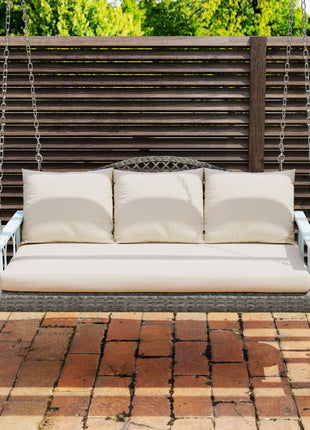 3 Person Wicker Hanging Outdoor Patio Porch Swing Bench with Cup Holders, Cushions, and Chains, Natural
