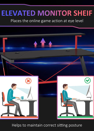 47 Inch Gaming Desk Racing Computer Desk Home Office Workstation with Elevated Monitor Shelf Rotatable Cup Holder Headphone Hook, Black