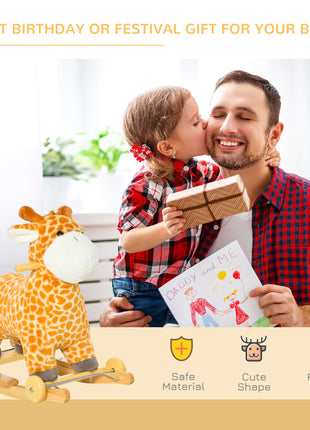 Rocking Horse, 2 in 1 Kids Ride on Horse, Rolling Giraffe Animal Rocker with Sound, Wooden Base, Pedal, Grip Handle, Plush Riding Pony for 3-6 Years Old, Yellow