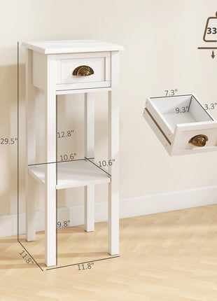 2-Tier Side Tables Set of 2 with Drawer and Shelf, 2 Pieces End Tables for Living Room and Hallway, White