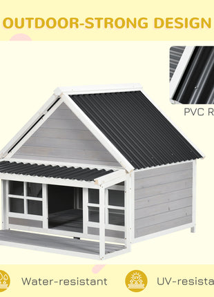 Wooden Dog House with Porch, Dog House Outdoor with Tilt Roof, Front Door, Windows for Medium Large Sized Dog