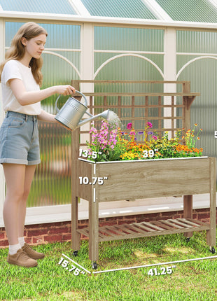 41" Raised Garden Bed Mobile Elevated Wooden Planter Box Stand with Wheels, Trellis and Storage Shelf, Dark Brown