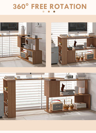 360° Rotating Home Office Desk L Shaped Corner Computer Desk with Storage Shelves, Writing Table Workstation, Teak