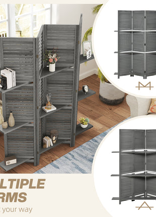 4 Panel 67" Tall Wood Privacy Screen Room Divider with 3 Shelves and Folding Storage for Bedroom, Gray