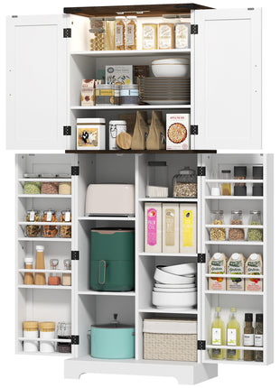 64" Tall Kitchen Pantry Cabinet with Motion Sensor Light, Spice Racks and Adjustable Shelves, White