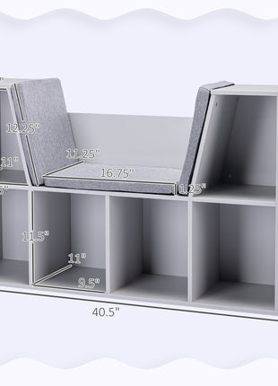 6-Cubby Kids Bookcase with Reading Nook and Cushion, Multi-Purpose Storage Organizer for Bedroom, Living Room, Grey