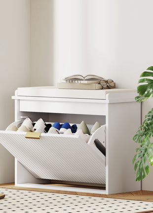 Shoe Storage Bench with Padded Seat Cushion and Flip-Drawer, Entryway Bench, Shoe Cabinet, 24.4x10.2x18.7 Inches, White