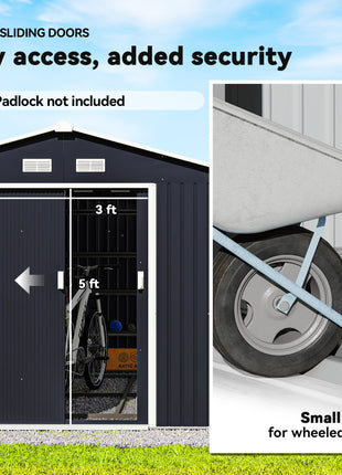 11' x 9' Outdoor Storage Shed, Garden Tool Metal Shed with Foundation Kit, Double Lockable Door, Air Vents and Sloping Roof, for Backyard, Patio, Lawn, Dark Gray