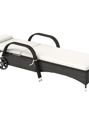 Outdoor Chaise Lounge, 5-Level Adjustable Backrest Rattan Pool Lounge Chair with Wheels, Cushion & Headrest, Cream
