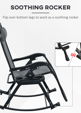 2 Outdoor Rocking Chairs Foldable Reclining Zero Gravity Lounge Rockers w/ Pillow Cup & Phone Holder, Gray
