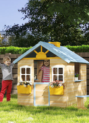 Wooden Playhouse for Kids Outdoor Garden with Working Door, Windows, Bench, Service Station, Flowers Pot Holder, Blue