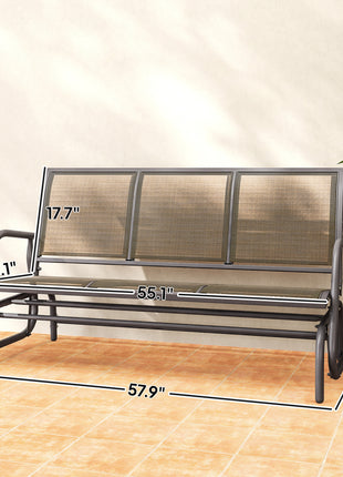 3-Person Outdoor Patio Glider Bench, Porch Glider Swing with 3 Seats, Breathable Mesh Fabric, Metal Frame, Brown