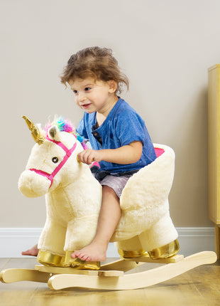 Kids Rocking Horse, Unicorn with Realistic Sound, Safety Belt & Wooden Base for 18-36 Months