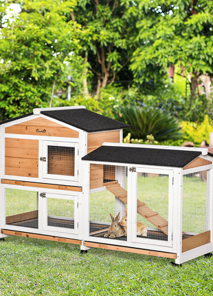 62" Wooden Mobile Rabbit Hutch with Wheels, Run Box, Slide-out Tray, Ramp, Yellow
