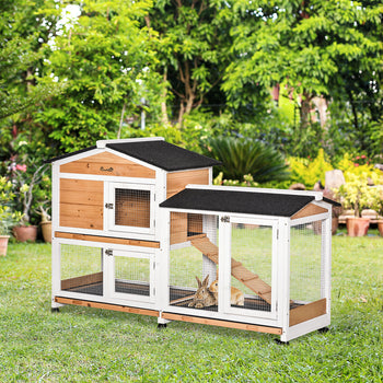 62" Wooden Mobile Rabbit Hutch with Wheels, Run Box, Slide-out Tray, Ramp, Yellow