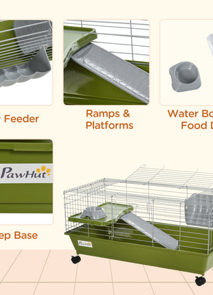 35"L Small Animal Cage, Rolling Bunny Cage, Guinea Pig Cage with Food Dish, Water Bottle, Hay Feeder, Platform, Ramp for Chinchilla, Green