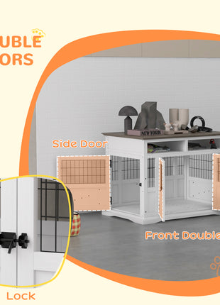 Dog Kennel Furniture Side End Table with Storage, Double Doors for Small and Medium Dogs, White
