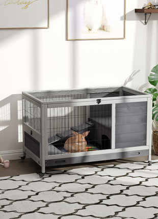 Indoor Rabbit Enclosure, Wooden Elevated Cage Habitat with Enclosed Run with Wheels - Ideal for Rabbits and Guinea Pigs