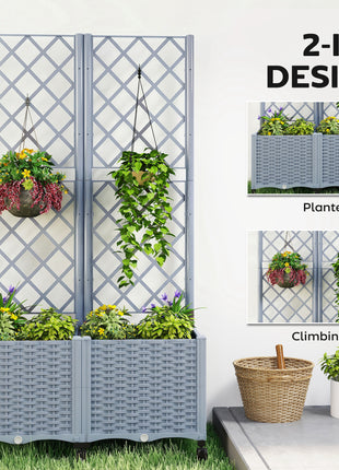 Planter Box with Trellis, Self Watering Raised Garden Bed with Lockable Wheels and Drainage Holes, Gray
