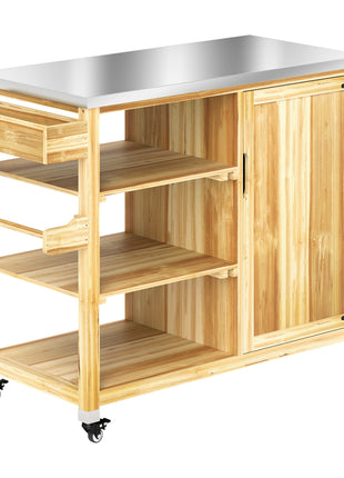 Outdoor Grill Cart with Stainless Steel Top, Solid Wood Outdoor Kitchen Island with Wheels, Natural Wood