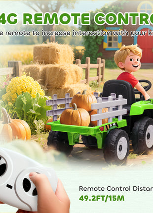 12V Ride on Tractor with Trailer, 25W Dual Motors, Battery Powered Electric Tractor with Remote Control, Music Startup Sound and Horn, LED Lights, Green