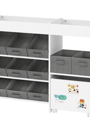 Kids Toy Storage Organizer with 11 Bins, Moveable Cabinet, Top Shelves, 3 Stickers, for Nursery, Playroom, White
