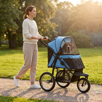 3 Wheels Pet Stroller for Small Dogs and Medium Dogs with Adjustable Canopy, Safety Tether, Storage Basket, Blue