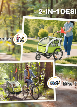 2-Seat Elite 360 Swivel Bike Trailer for Kids Bicycle Cargo Trailer with Water-Resistant Windows, Green and White
