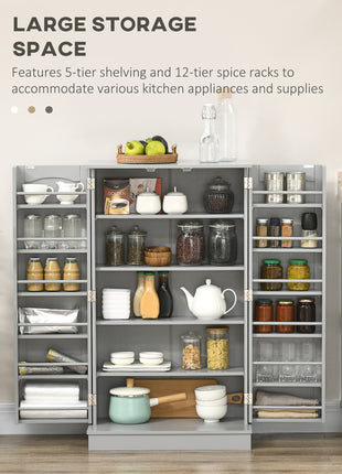 Freestanding Kitchen Pantry Cabinet, Kitchen Cabinet with 12 Door Shelves, Double Doors, 5-tier Shelving, Gray