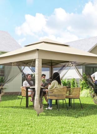 Outdoor Patio Pop Up Canopy Gazebo Shelter with Zipper Netting, Carry Bag, 11' x 11', Beige