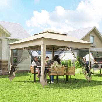 Outdoor Patio Pop Up Canopy Gazebo Shelter with Zipper Netting, Carry Bag, 11' x 11', Beige