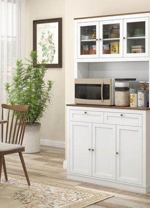 71" Kitchen Pantry Cabinet with Microwave Stand, Kitchen Hutch with 2 Drawers and Adjustable Shelves, White