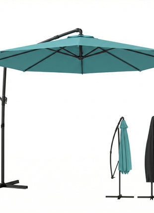 10 ft Offset Patio Umbrella with Cover, Hanging Cantilever Umbrella with 360° Rotation, Crank Handle, Tilt, Sky Blue