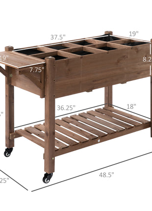 Wooden Garden Box, 34.25H with 8 Pockets and Lockable Wheels, Foldable Side Clapboard, Elevated and Self-Draining Design, to Grow Herbs, Vegetables, and Flowers, Brown