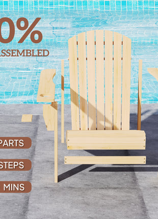 Oversized Adirondack Chair, Outdoor Fire Pit and Porch Seating, Classic Log Lounge w/ Built-in Cupholder, Natural Wood