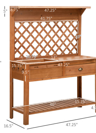 Garden Potting Bench, Outdoor Wooden Workstation Table w/ Metal Screen, Drawer, Hooks, Storage Shelf, and Lattice Back for Patio, Backyard and Porch