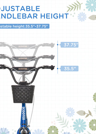 Youth Scooter, Kick Scooter with Adjustable Handlebars, Double Brakes, 16" Inflatable Rubber Tires, Basket, Blue